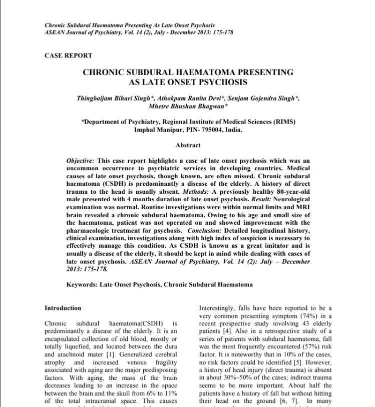 Chronic Subdural Haematoma Presenting As Late Onset Psychosis 