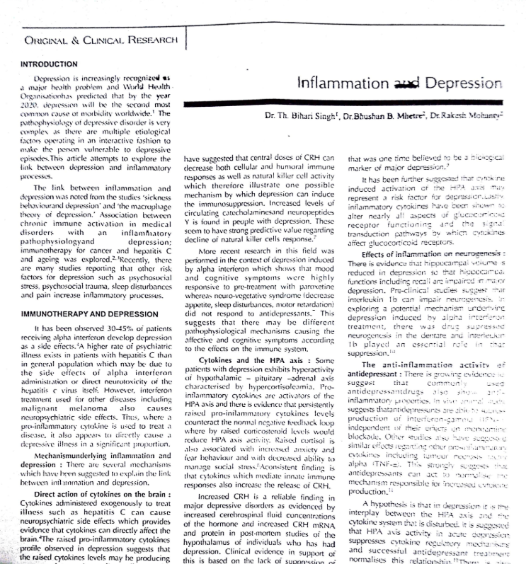 Inflammation and Depression Indian Medical Journal January 2014