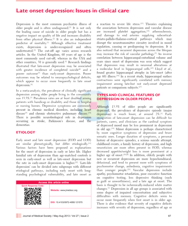 Late onset Depression Issue in clinical care